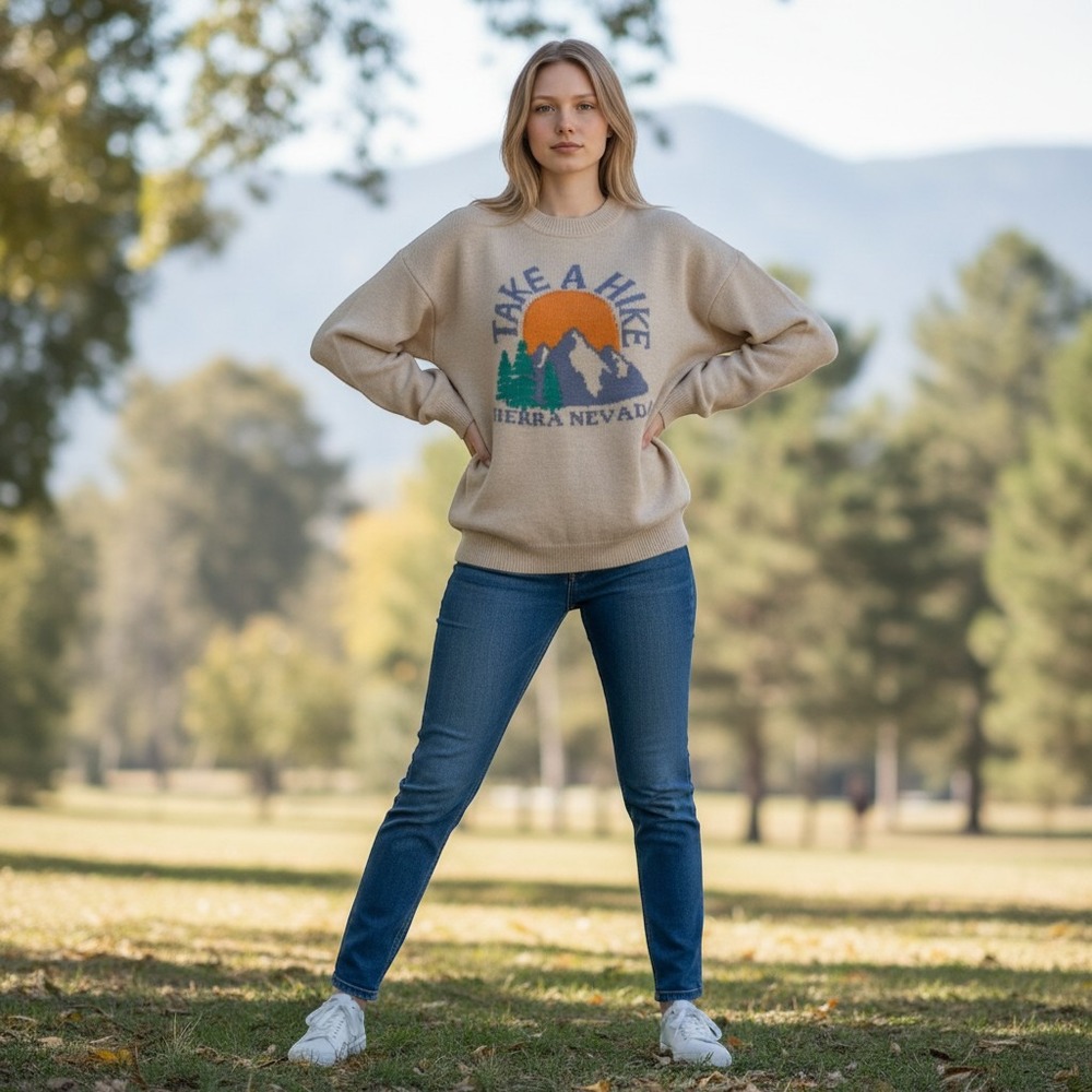 ASOS DESIGN Take A Hike Sierra Nevada Sweater Womens 8 Beige Graphic Gorpcore